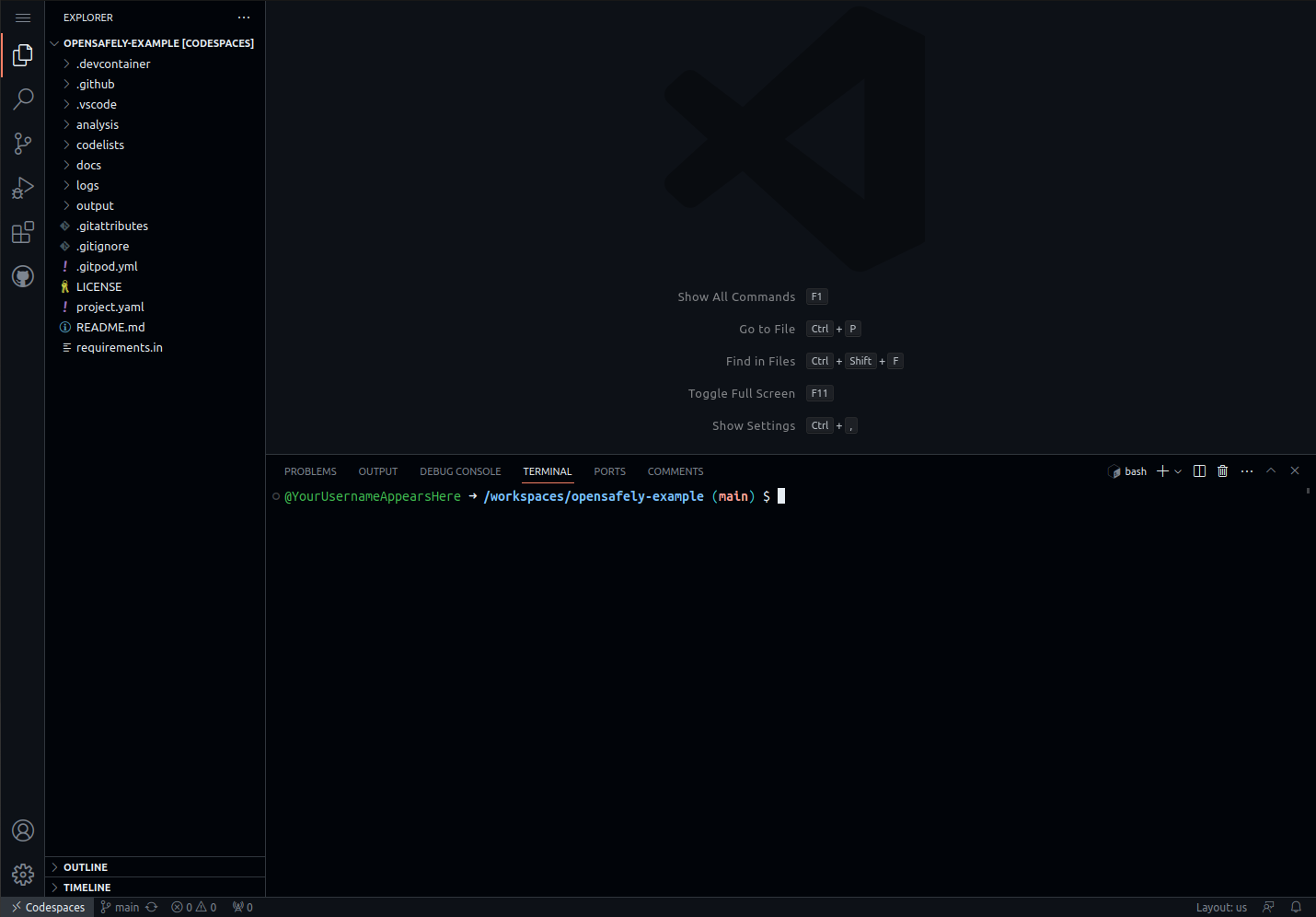 A screenshot showing the Visual Studio Code editor in Codespaces.