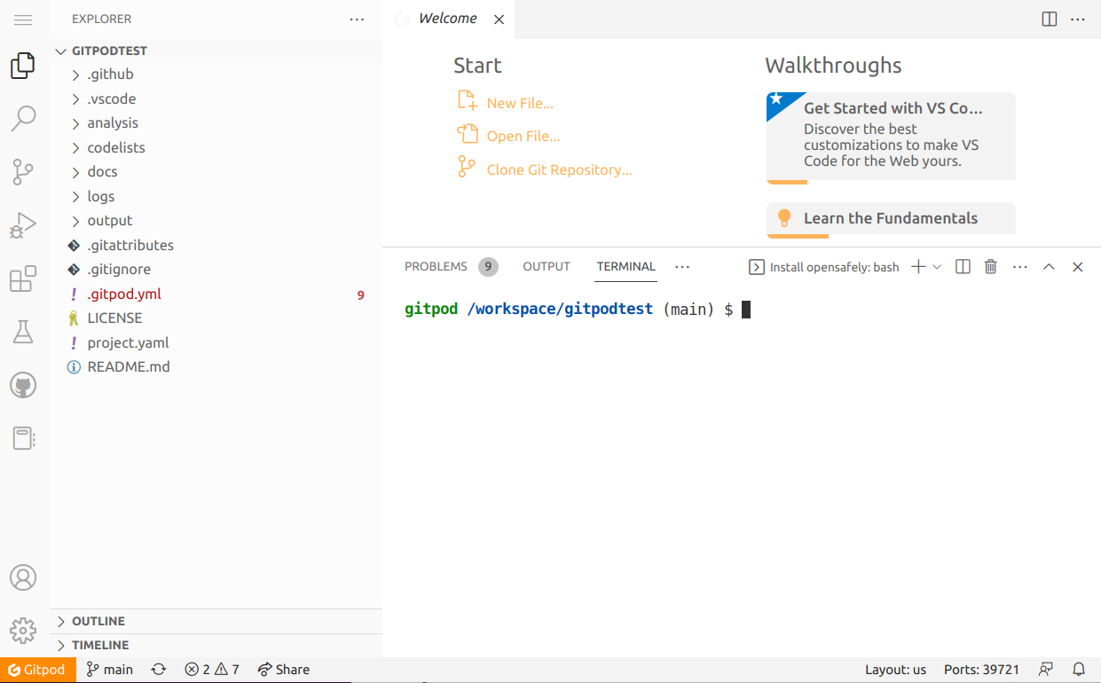 Gitpod's workspace showing the editor, terminal and
Explorer.